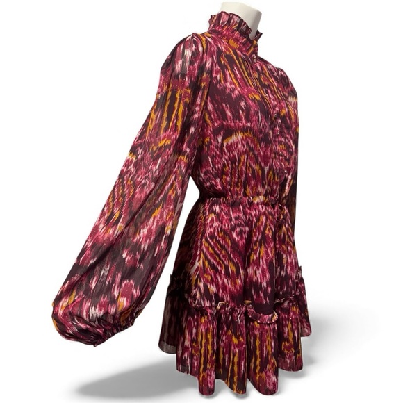 House of Harlow 1960 Burgundy Ikat Mini Dress | Long Sleeve Boho Chic | Size 6 - Picture 3 of 16